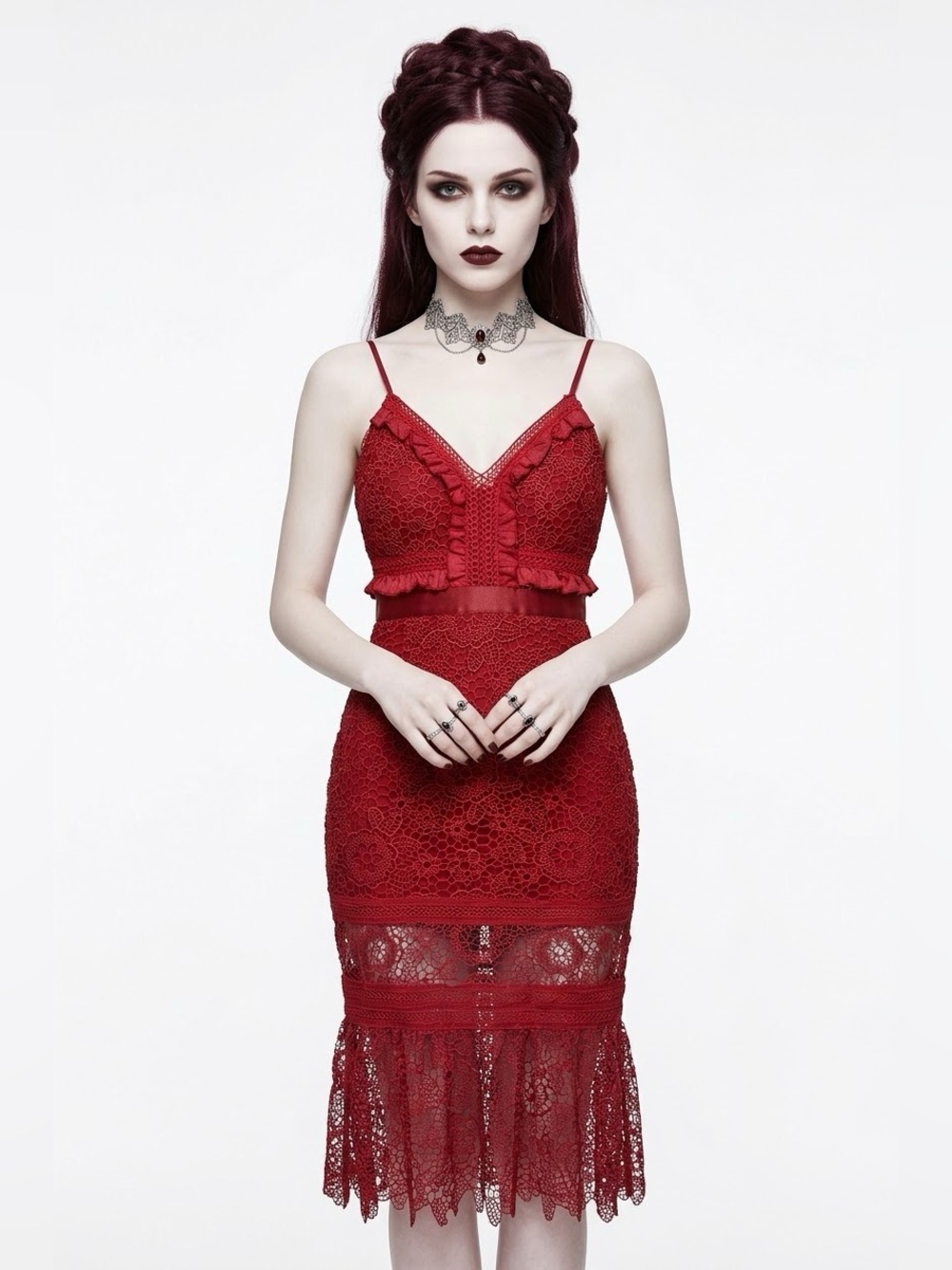 Whimsigoth Vampirecore Crochet Lace Ruffle Midi Dress Mermaid Witchy Sexy Siren